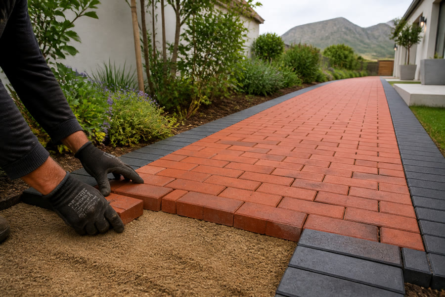 Terracotta stretcher-bond brick walkway with charcoal edge being laid in a Durbanville garden.
