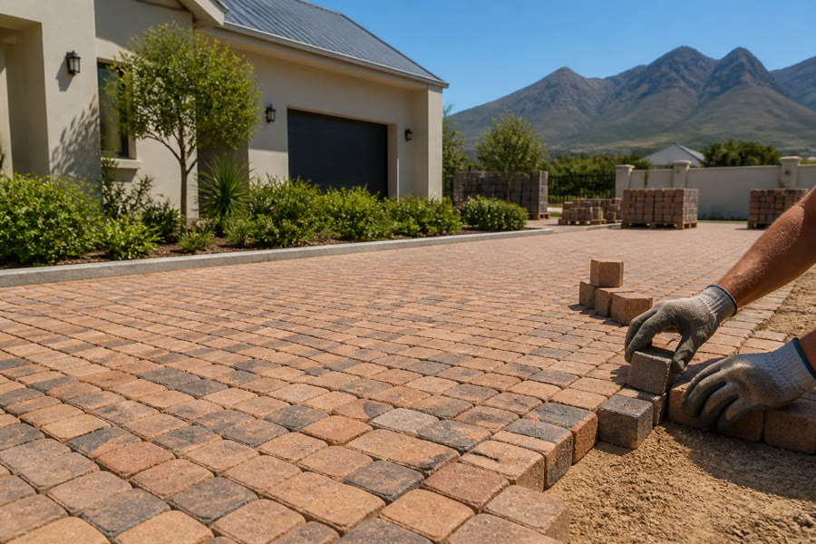 Terracotta and grey cube cobble setts being laid in a tight module at a Durbanville suburban courtyard.
