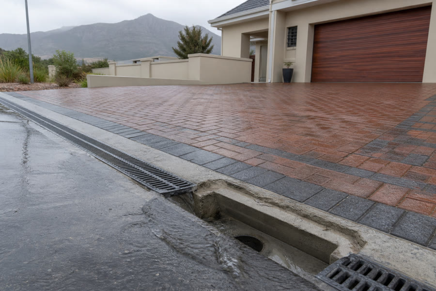 Terracotta herringbone driveway with charcoal border and open channel drain grate at a Durbanville suburban home.