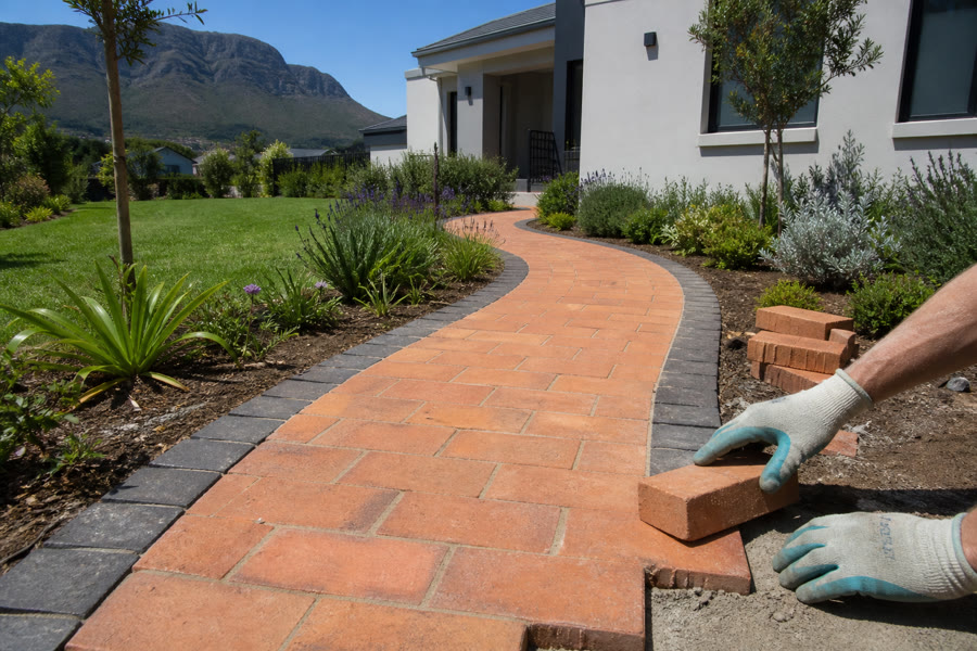 Terracotta brick garden path with charcoal edge being laid through planting beds at a Durbanville suburban home.