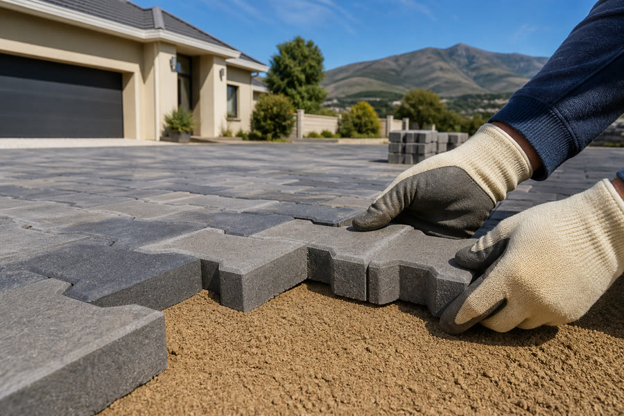 Charcoal keyed interlocking pavers being locked together at a Durbanville suburban driveway.