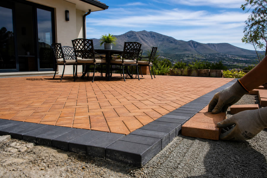 Terracotta herringbone patio with charcoal border being laid at a Durbanville suburban home.