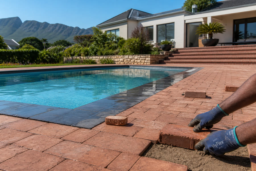 Terracotta brick pool surround with charcoal coping being laid at a Durbanville suburban home.