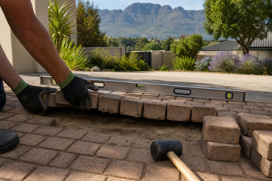Gloved hands lifting a sunken row of pavers to re-bed a failed driveway, spirit level beside the dip.