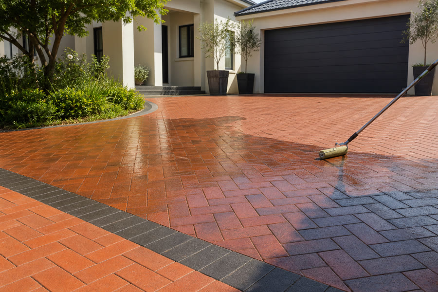 Roller applying clear sealant across terracotta herringbone with charcoal border at a Durbanville suburban driveway.